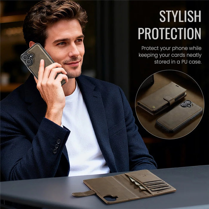 AUTSPACE A05 For iPhone 17 Case Wallet Stand Detachable Leather Magnetic Phone Cover - Coffee - 4