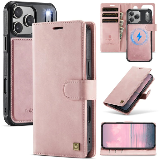 AUTSPACE A05 For iPhone 17 Pro Case Wallet Stand Detachable Leather Magnetic Phone Cover - Pink - 1
