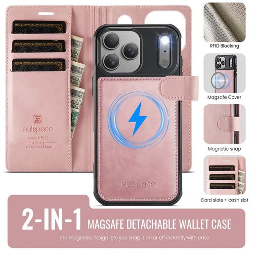 AUTSPACE A05 For iPhone 17 Pro Case Wallet Stand Detachable Leather Magnetic Phone Cover - Pink - 2