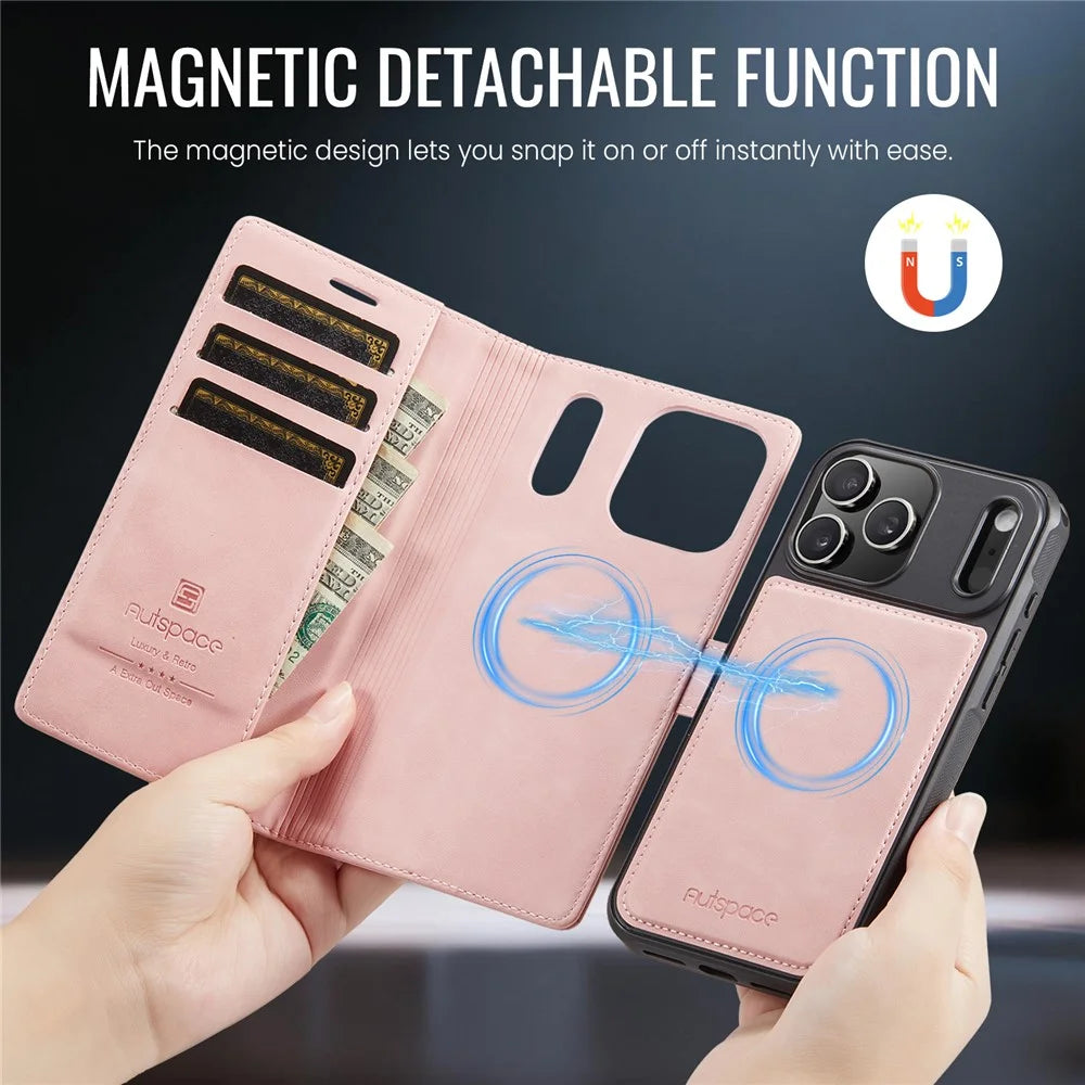AUTSPACE A05 For iPhone 17 Pro Case Wallet Stand Detachable Leather Magnetic Phone Cover - Pink - 3