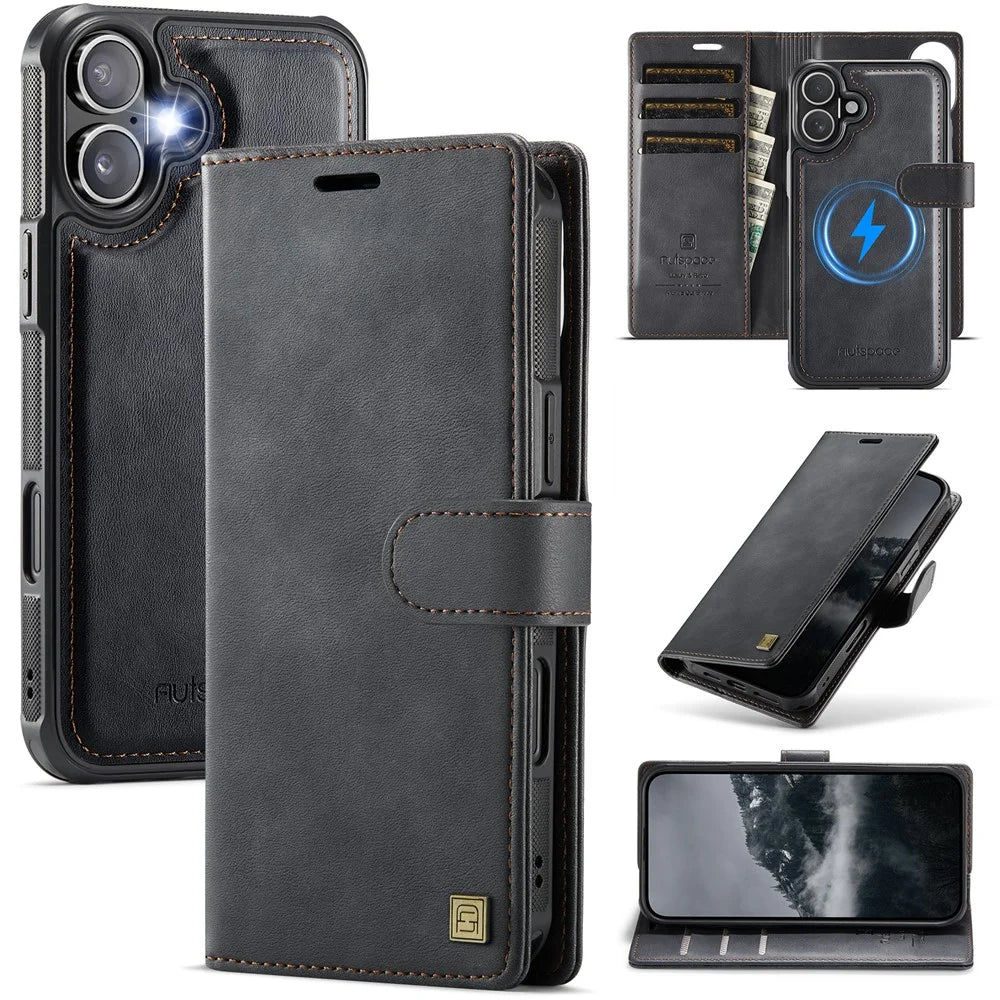 AUTSPACE A05 For iPhone 16 Case Wallet Stand Detachable Leather Magnetic Phone Cover - Black - 1
