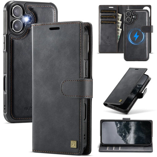 AUTSPACE A05 For iPhone 16 Case Wallet Stand Detachable Leather Magnetic Phone Cover - Black - 1