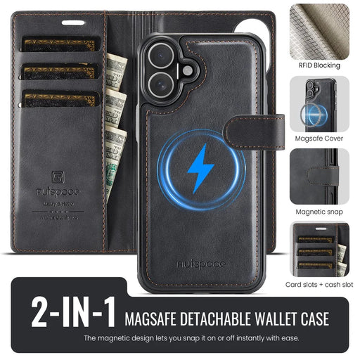 AUTSPACE A05 For iPhone 16 Case Wallet Stand Detachable Leather Magnetic Phone Cover - Black - 2