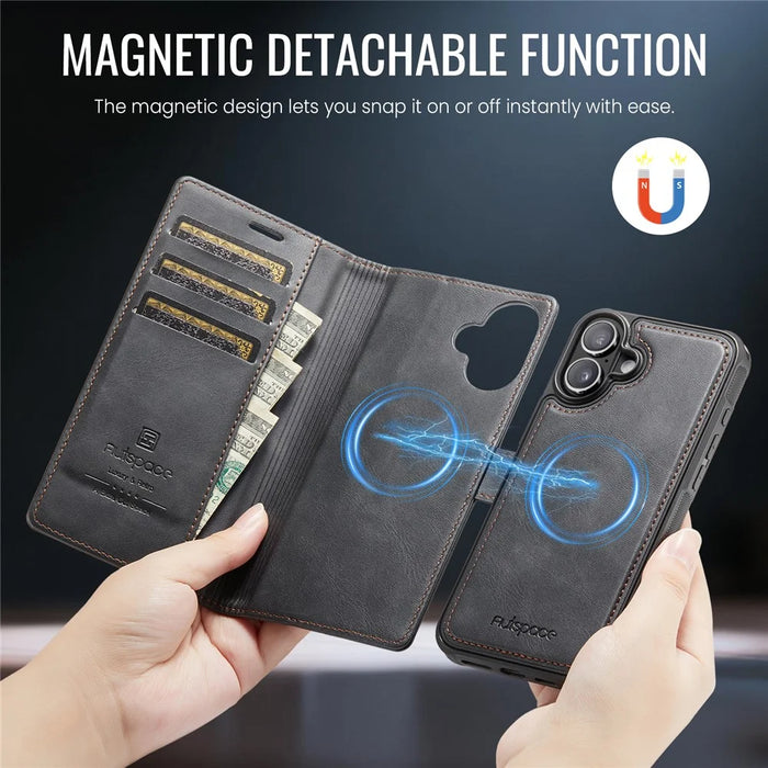 AUTSPACE A05 For iPhone 16 Case Wallet Stand Detachable Leather Magnetic Phone Cover - Black - 3
