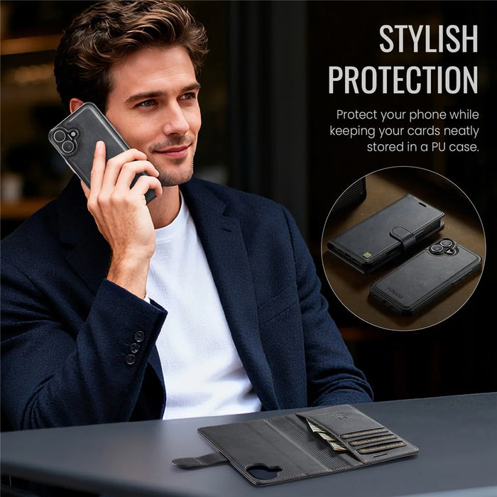 AUTSPACE A05 For iPhone 16 Case Wallet Stand Detachable Leather Magnetic Phone Cover - Black - 4