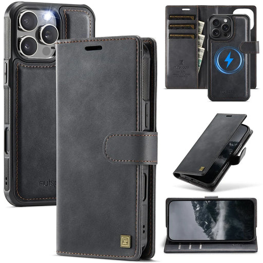 AUTSPACE A05 For iPhone 16 Pro Case Wallet Stand Detachable Leather Magnetic Phone Cover - Black - 1
