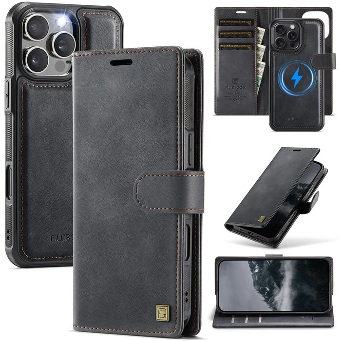 AUTSPACE A05 For iPhone 16 Pro Case Wallet Stand Detachable Leather Magnetic Phone Cover - Black - 1