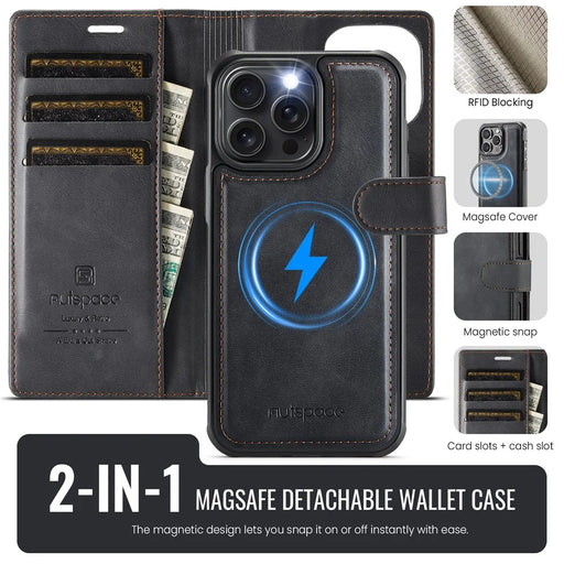 AUTSPACE A05 For iPhone 16 Pro Case Wallet Stand Detachable Leather Magnetic Phone Cover - Black - 2