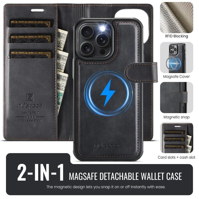 AUTSPACE A05 For iPhone 16 Pro Case Wallet Stand Detachable Leather Magnetic Phone Cover - Black - 2