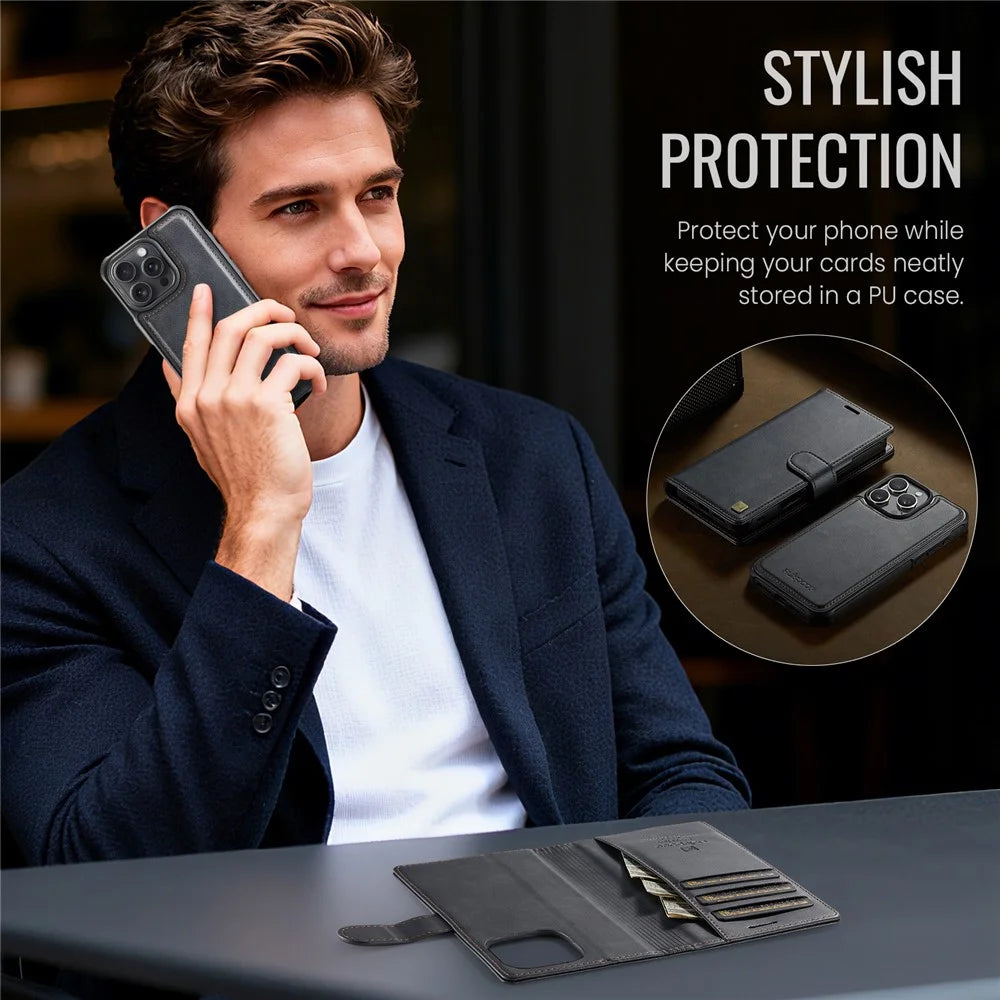 AUTSPACE A05 For iPhone 16 Pro Case Wallet Stand Detachable Leather Magnetic Phone Cover - Black - 4