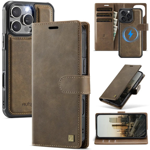 AUTSPACE A05 For iPhone 16 Pro Max Case Wallet Stand Detachable Leather Magnetic Phone Cover - Coffee - 1