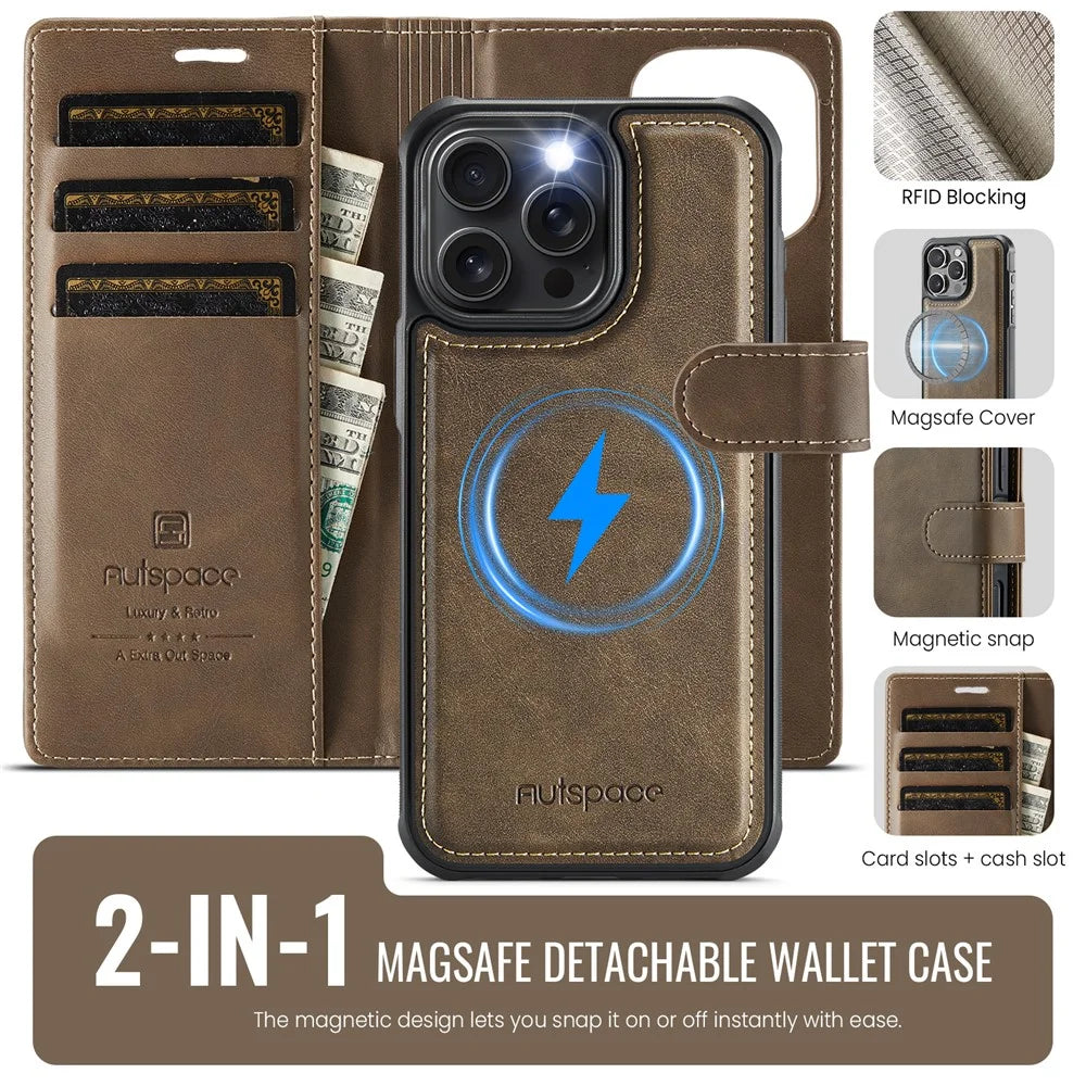 AUTSPACE A05 For iPhone 16 Pro Max Case Wallet Stand Detachable Leather Magnetic Phone Cover - Coffee - 2