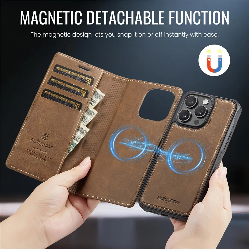 AUTSPACE A05 For iPhone 16 Pro Max Case Wallet Stand Detachable Leather Magnetic Phone Cover - Coffee - 3