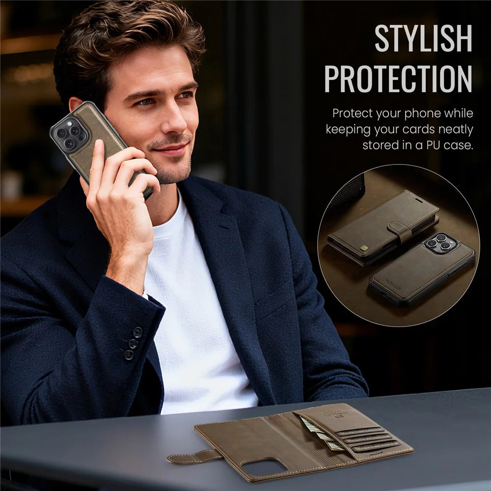 AUTSPACE A05 For iPhone 16 Pro Max Case Wallet Stand Detachable Leather Magnetic Phone Cover - Coffee - 4