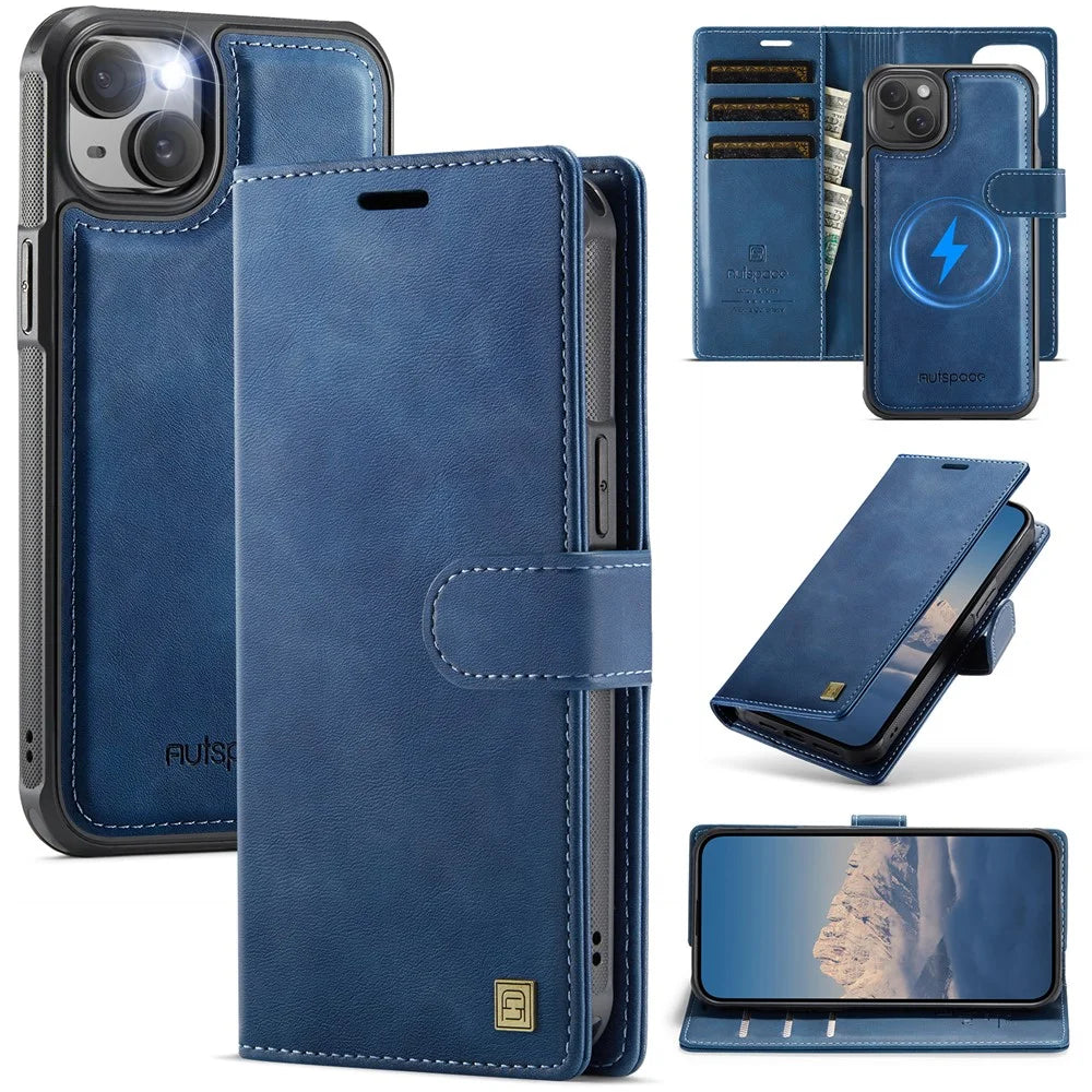 AUTSPACE A05 For iPhone 14 / 13 Case Wallet Stand Detachable Leather Magnetic Phone Cover - Blue - 1
