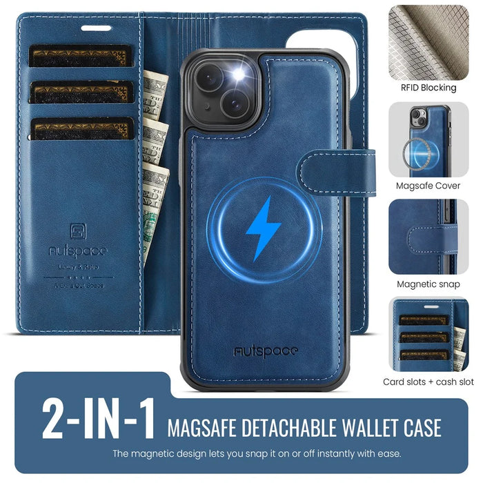 AUTSPACE A05 For iPhone 14 / 13 Case Wallet Stand Detachable Leather Magnetic Phone Cover - Blue - 2