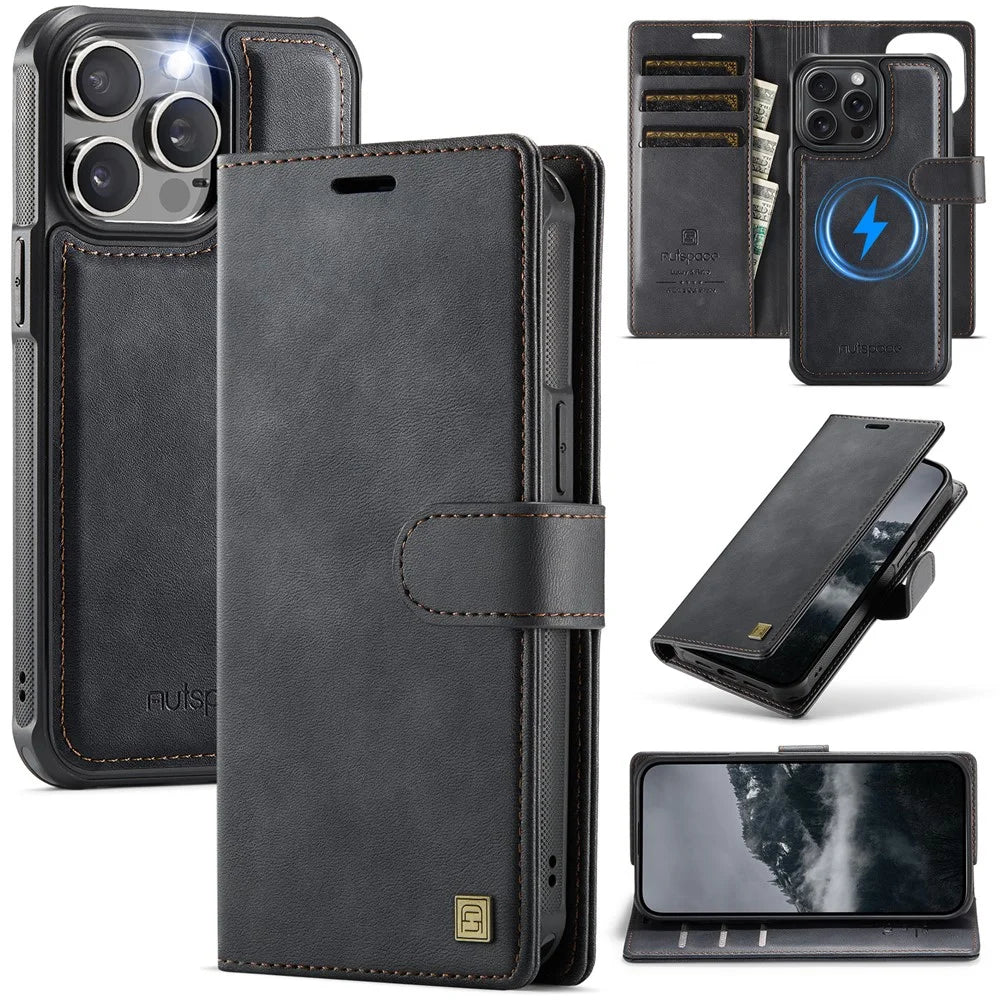 AUTSPACE A05 For iPhone 13 Pro Case Wallet Stand Detachable Leather Magnetic Phone Cover - Black - 1