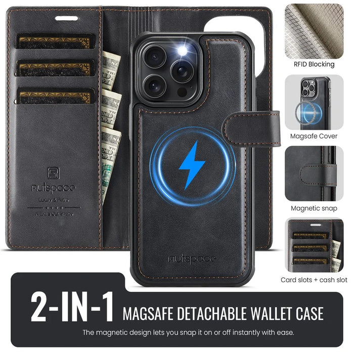 AUTSPACE A05 For iPhone 13 Pro Case Wallet Stand Detachable Leather Magnetic Phone Cover - Black - 2