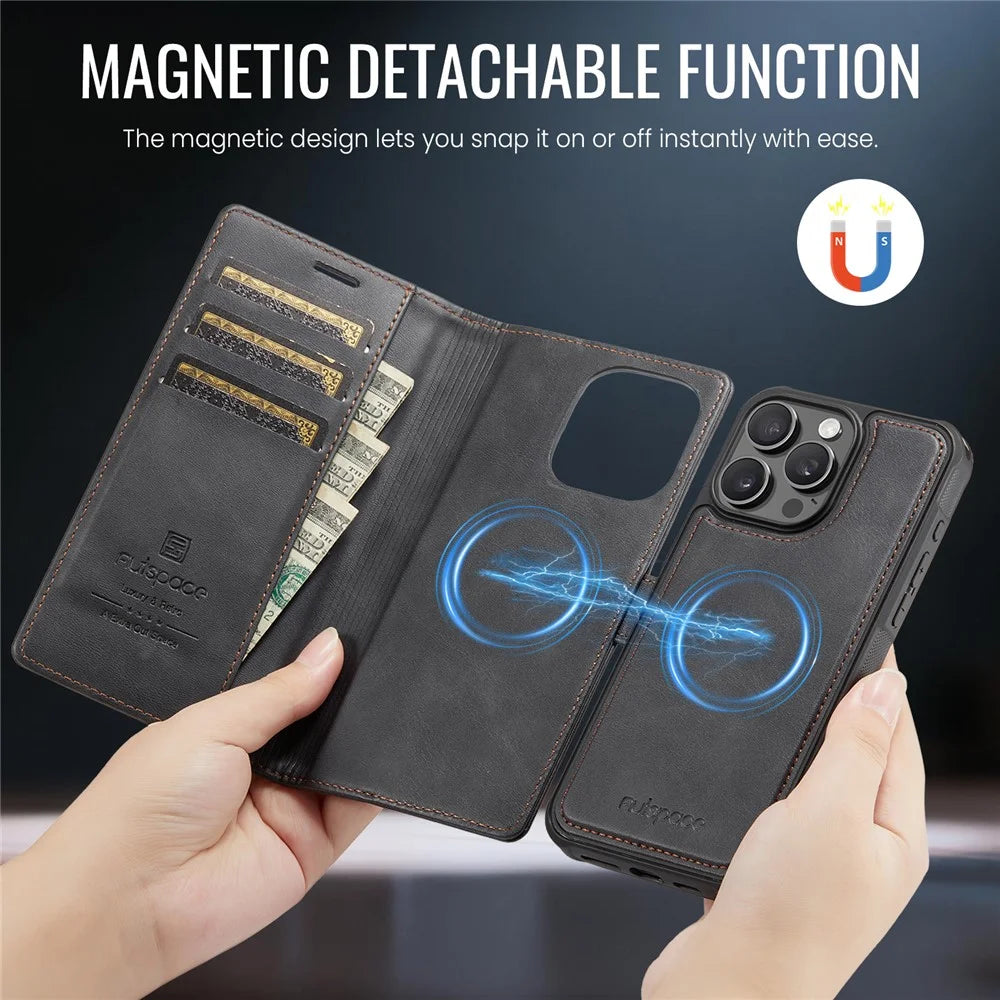 AUTSPACE A05 For iPhone 13 Pro Max Case Wallet Stand Detachable Leather Magnetic Phone Cover - Black - 3