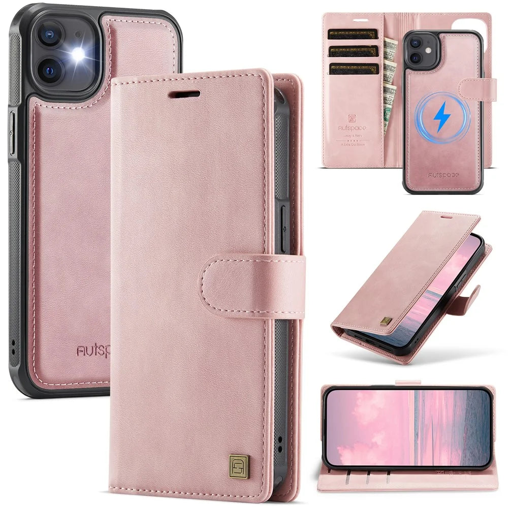 AUTSPACE A05 For iPhone 12 Pro / 12 Case Wallet Stand Detachable Leather Magnetic Phone Cover - Pink - 1
