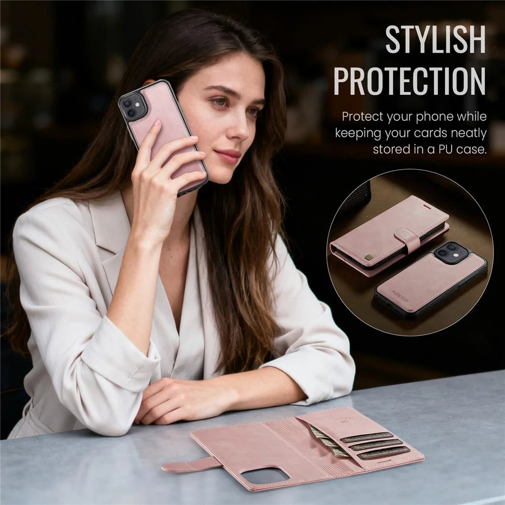 AUTSPACE A05 For iPhone 12 Pro / 12 Case Wallet Stand Detachable Leather Magnetic Phone Cover - Pink - 4