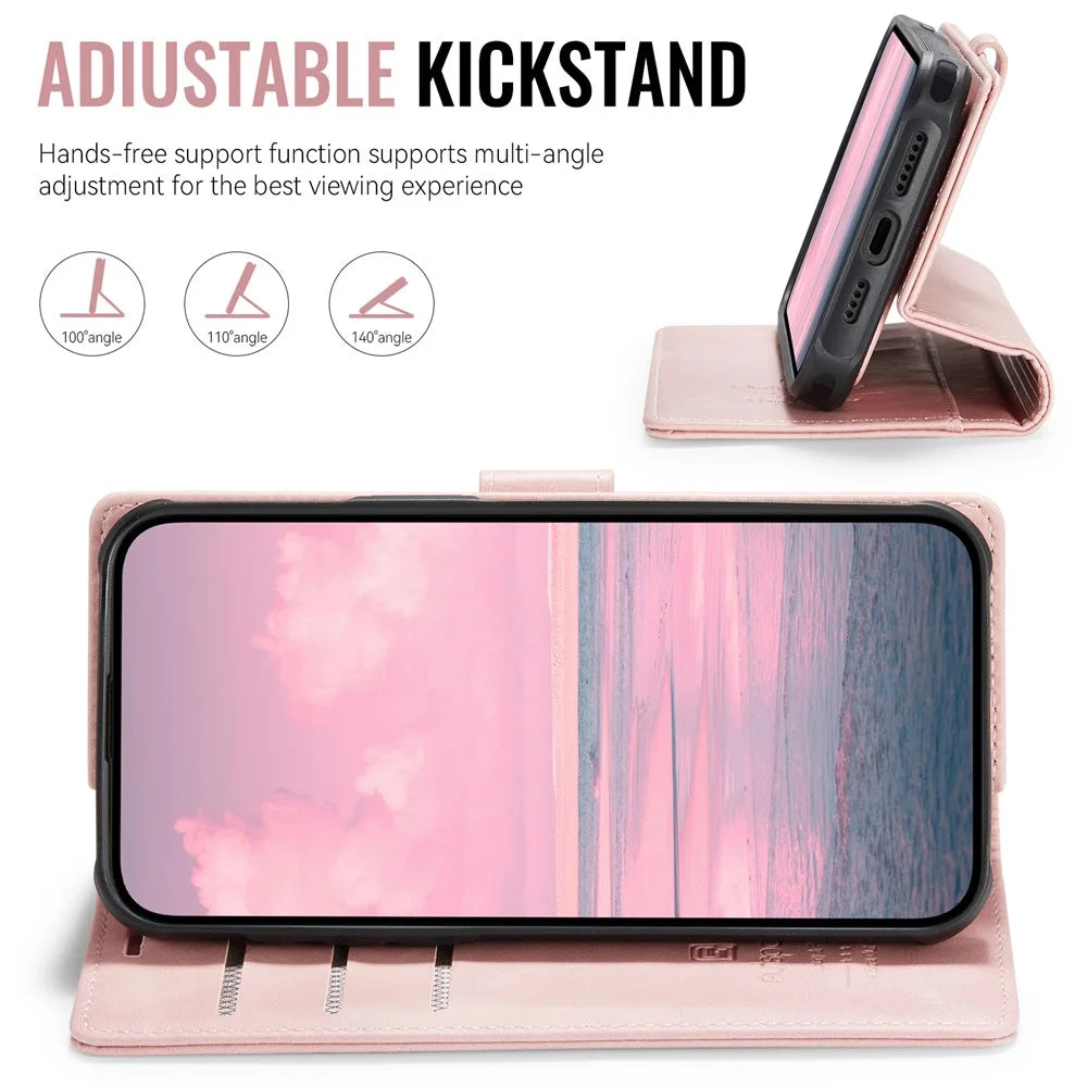 AUTSPACE A05 For iPhone 12 Pro / 12 Case Wallet Stand Detachable Leather Magnetic Phone Cover - Pink - 6