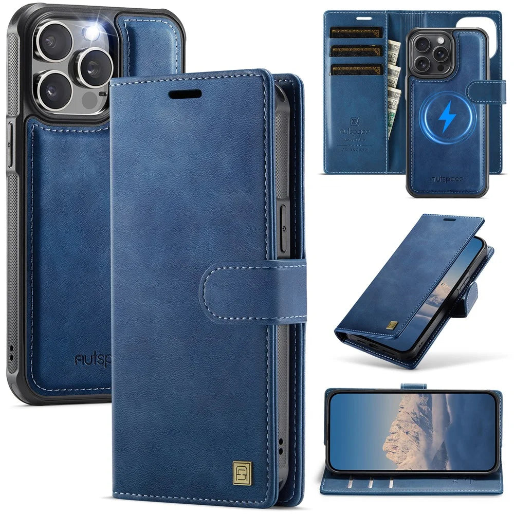 AUTSPACE A05 For iPhone 12 Pro Max Case Wallet Stand Detachable Leather Magnetic Phone Cover - Blue - 1
