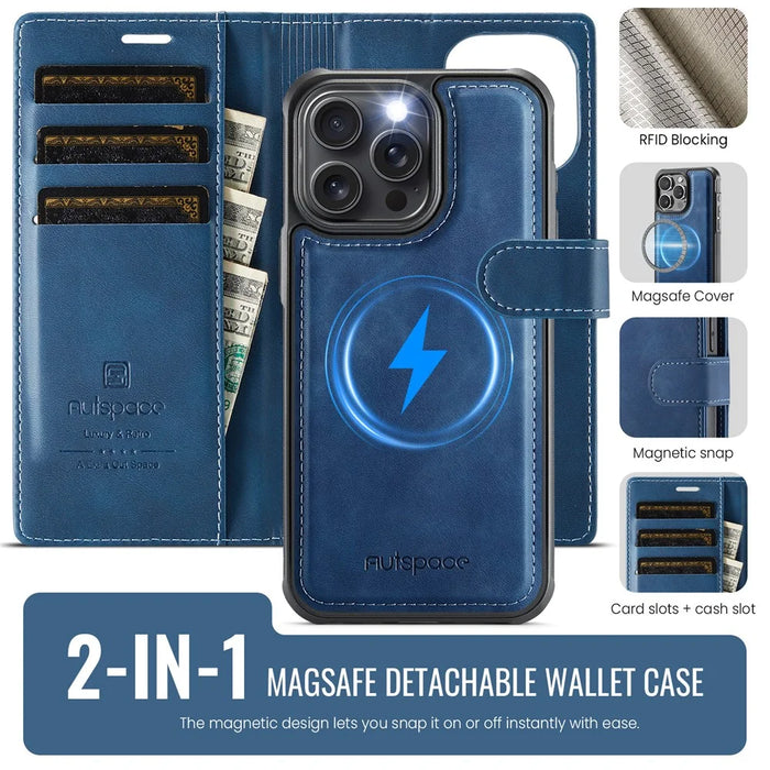 AUTSPACE A05 For iPhone 12 Pro Max Case Wallet Stand Detachable Leather Magnetic Phone Cover - Blue - 2