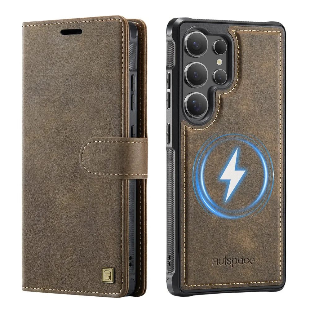 AUTSPACE A05 For Samsung Galaxy S24 Ultra Case Wallet Stand Detachable Leather Magnetic Phone Cover - Coffee - 1