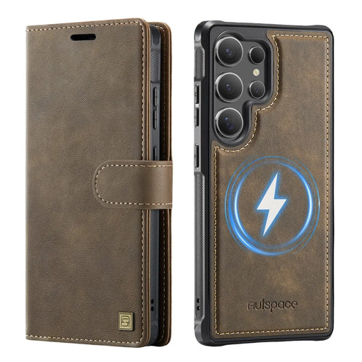 AUTSPACE A05 For Samsung Galaxy S24 Ultra Case Wallet Stand Detachable Leather Magnetic Phone Cover - Coffee - 1