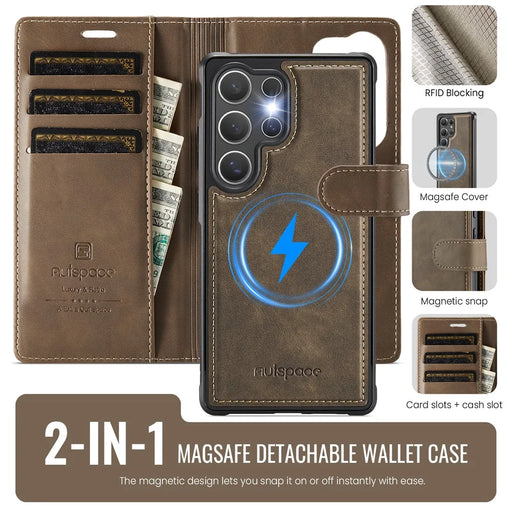 AUTSPACE A05 For Samsung Galaxy S24 Ultra Case Wallet Stand Detachable Leather Magnetic Phone Cover - Coffee - 2