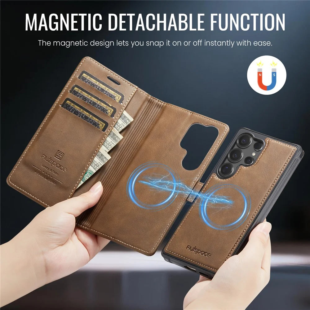AUTSPACE A05 For Samsung Galaxy S24 Ultra Case Wallet Stand Detachable Leather Magnetic Phone Cover - Coffee - 3