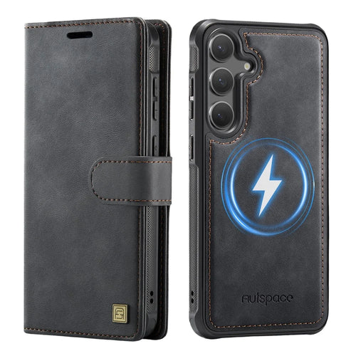 AUTSPACE A05 For Samsung Galaxy S24 FE Case Wallet Stand Detachable Leather Magnetic Phone Cover - Black - 1