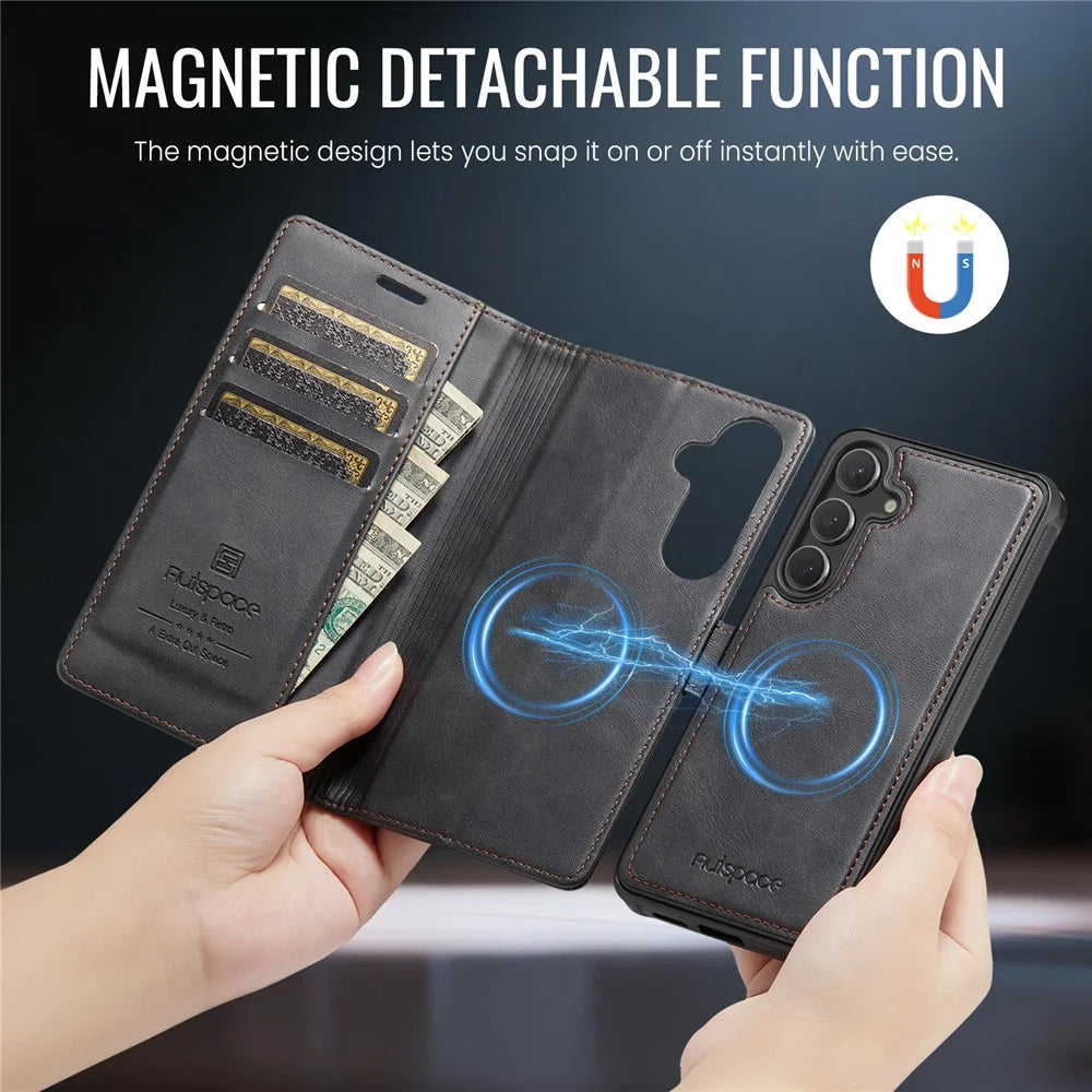 AUTSPACE A05 For Samsung Galaxy S24 FE Case Wallet Stand Detachable Leather Magnetic Phone Cover - Black - 3