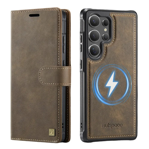 AUTSPACE A05 For Samsung Galaxy S25 Ultra Case Wallet Stand Detachable Leather Magnetic Phone Cover - Coffee - 1