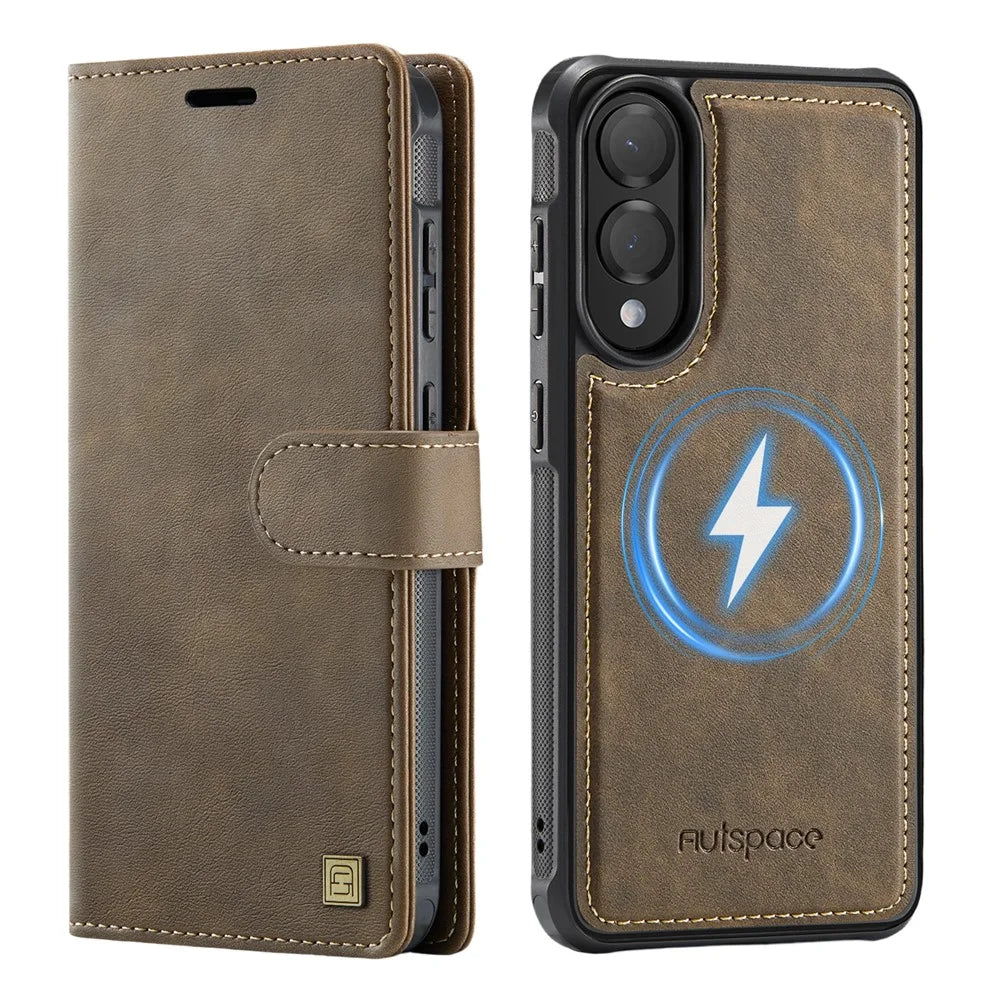 AUTSPACE A05 For Samsung Galaxy S25 Edge Case Wallet Stand Detachable Leather Magnetic Phone Cover - Coffee - 1