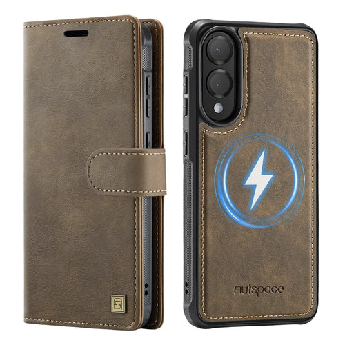 AUTSPACE A05 For Samsung Galaxy S25 Edge Case Wallet Stand Detachable Leather Magnetic Phone Cover - Coffee - 1