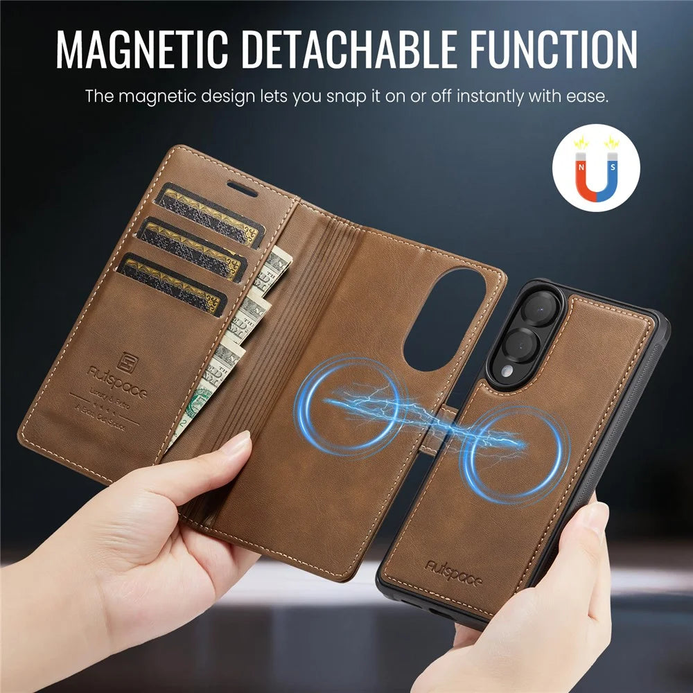AUTSPACE A05 For Samsung Galaxy S25 Edge Case Wallet Stand Detachable Leather Magnetic Phone Cover - Coffee - 3