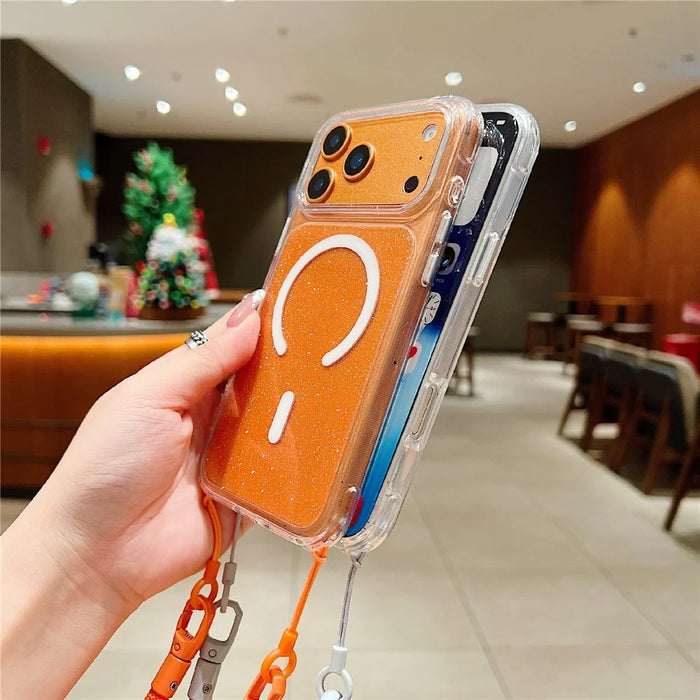 For iPhone 18 Pro Max / 17 Pro Max Case Compatible with MagSafe Clear Glitter TPU Acrylic Phone Cover with Shoulder Strap - Orange - 4