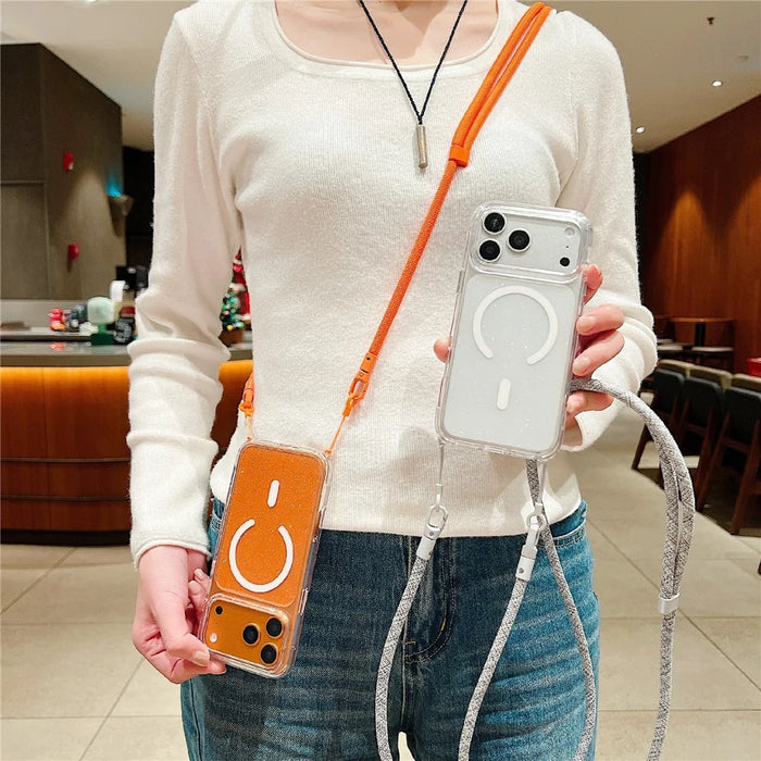 For iPhone 18 Pro / 17 Pro Case Compatible with MagSafe Clear Glitter TPU Acrylic Phone Cover with Shoulder Strap - Orange - 2