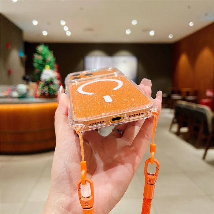 For iPhone 18 Pro / 17 Pro Case Compatible with MagSafe Clear Glitter TPU Acrylic Phone Cover with Shoulder Strap - Orange - 3