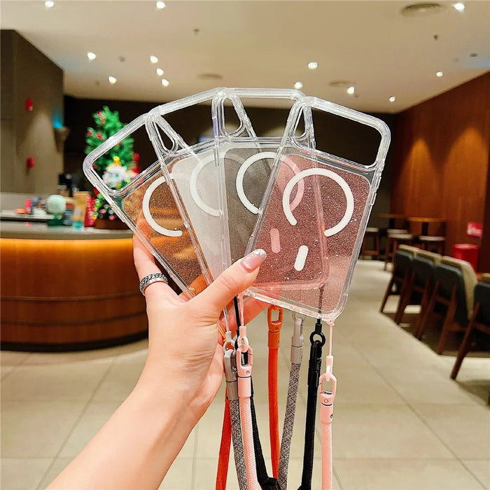 For iPhone 18 Pro / 17 Pro Case Compatible with MagSafe Clear Glitter TPU Acrylic Phone Cover with Shoulder Strap - Orange - 5