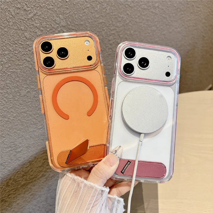 For iPhone 17 Pro Case Compatible with MagSafe Clear Acrylic TPU Shockproof Phone Cover with Kickstand - Orange - 3