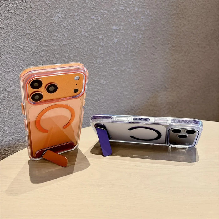 For iPhone 17 Pro Case Compatible with MagSafe Clear Acrylic TPU Shockproof Phone Cover with Kickstand - Orange - 4
