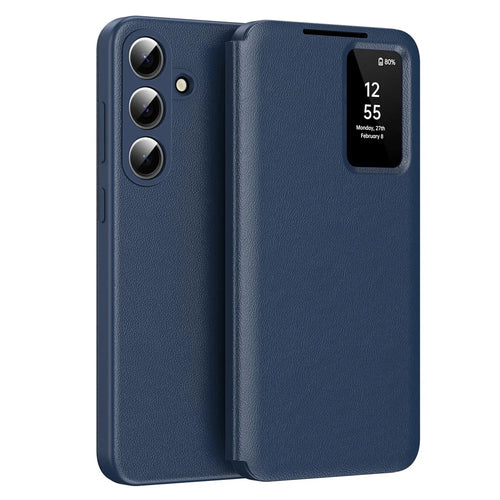 For Samsung Galaxy S26 Case with Card Holder Smart View Window Leather Phone Cover - Sapphire - 1