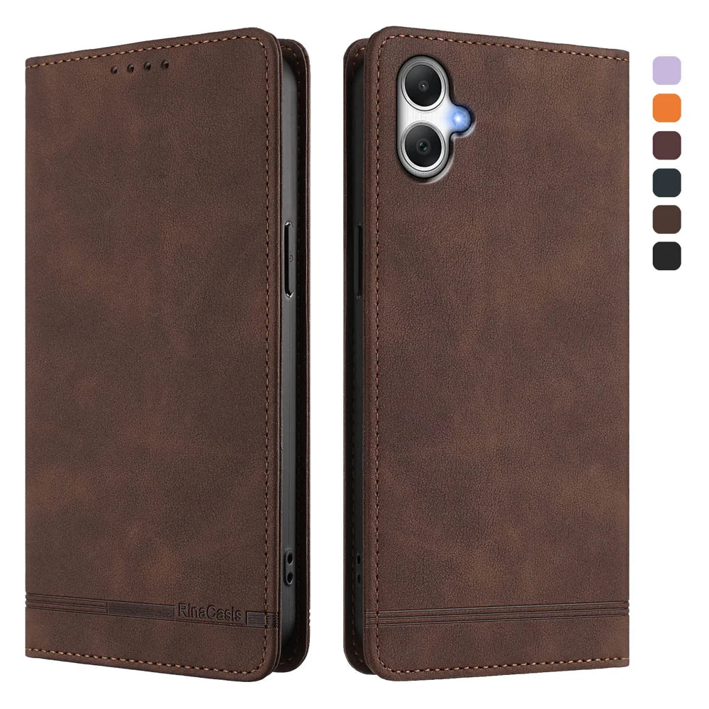For Samsung Galaxy A08 5G / A08 4G / A07 4G Case RINACASIS RC23 RFID Blocking Wallet Stand PU Leather Phone Cover - Brown - 1