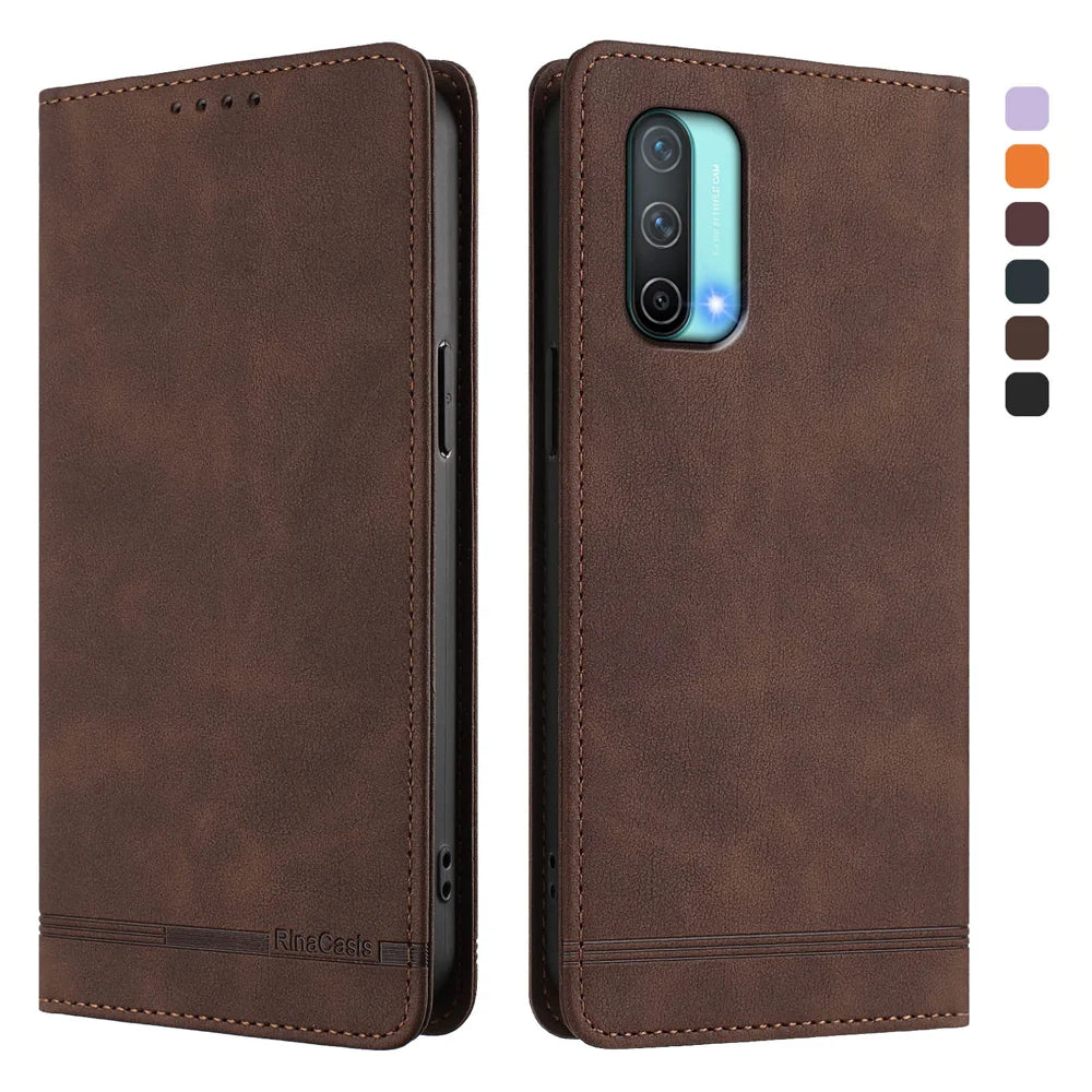 For OnePlus Nord CE 5G Case RINACASIS RC23 RFID Blocking Wallet Stand PU Leather Phone Cover - Brown - 1