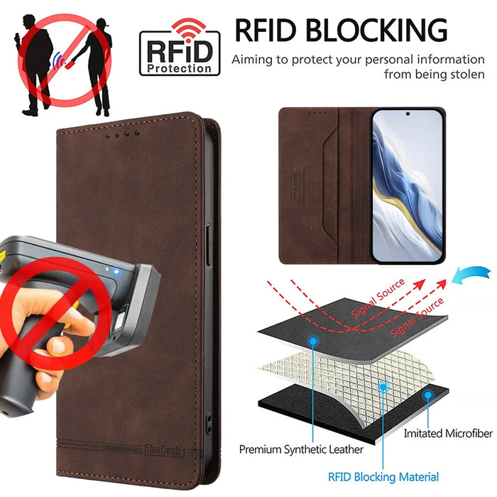 For OnePlus Nord CE 5G Case RINACASIS RC23 RFID Blocking Wallet Stand PU Leather Phone Cover - Brown - 5