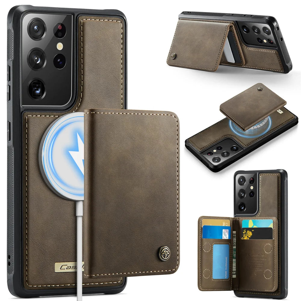 CASEME For Samsung Galaxy S21 Ultra 5G Magnetic Case  ME80 Series Leather PC TPU Phone Cover with Detachable Wallet - Coffee - 1