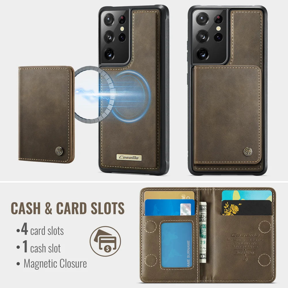 CASEME For Samsung Galaxy S21 Ultra 5G Magnetic Case  ME80 Series Leather PC TPU Phone Cover with Detachable Wallet - Coffee - 3